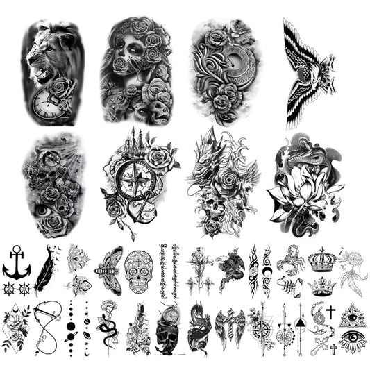 Yazhiji 32 Sheets Temporary Tattoos Stickers, 8 Sheets Fake Body Arm Chest Shoulder Tattoos for Men Women with 24 Sheets Tiny Black Temporary Tattoos