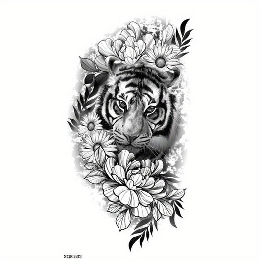 Flower & Tiger Pattern Temporary Tattoo Sticker, 1 Count Waterproof Fake Tattoo Sticker, Realistic Tattoo Sticker, Body Art Sticker for Women & Men