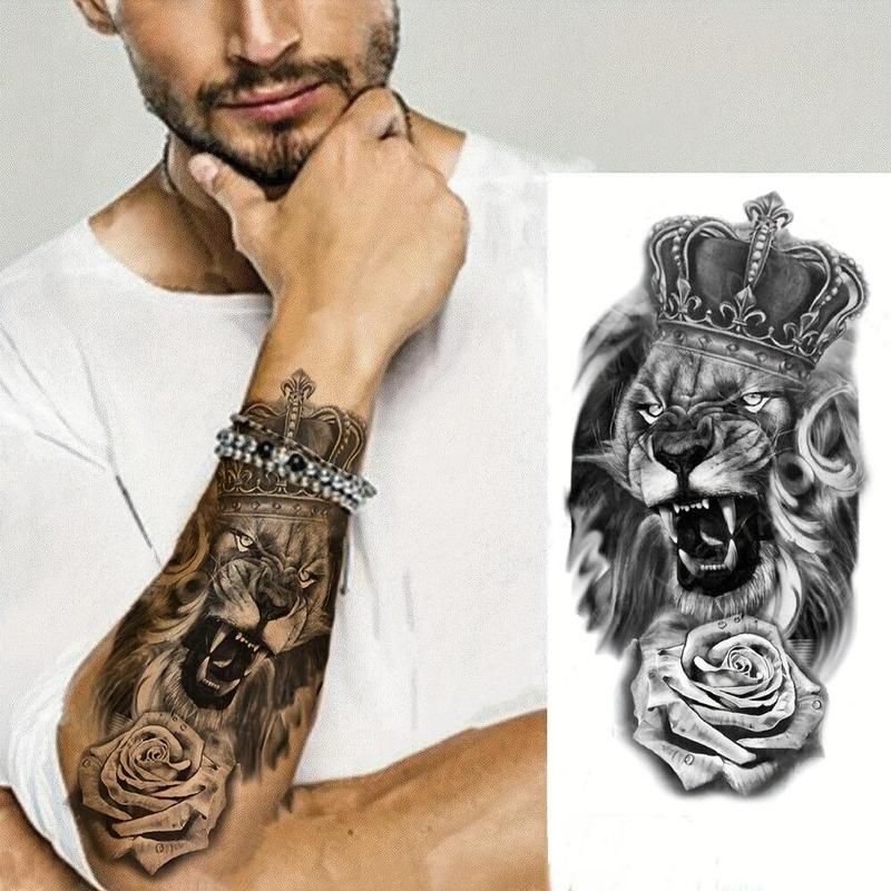 Lion & Crown & Flower Pattern Temporary Tattoo Sticker, 1 Sheet Waterproof Fake Tattoo Sticker, Body Art False Sticker for Women & Men, Realistic Tattoo Sticker for Arms