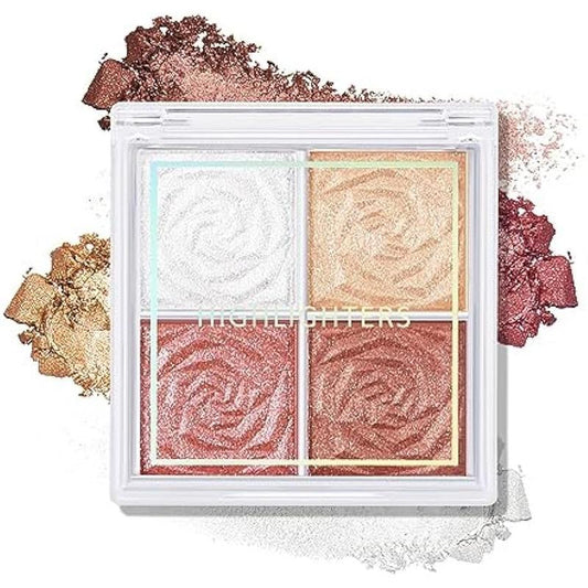 Boobeen Blush and Highlighter Palette- 4-color Metallic Shimmer Shadow Powder, Illuminator Makeup Set for Shading, Highlighting & Defining the Face