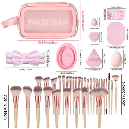 Makeup Tool, 64pcs/set Brushes & Sponges & Triangle Powder Puff & Finger Powder Puff & Headband & Wrist Band & Face Washing Puff & Cleaning Bowl & Bag