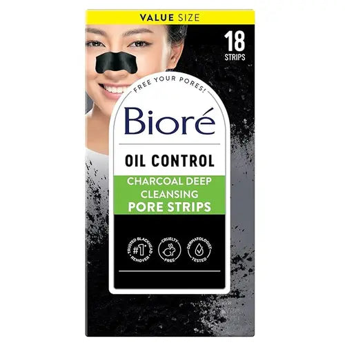 Bior¨¦ Charcoal, Deep Cleansing Pore Strips, Nose Strips for Blackhead Removal on Oily Skin, with Instant Pore Unclogging, features Natural Charcoal, See 3x Less Oil, 18 Count