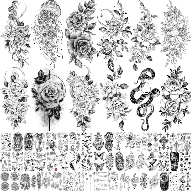 64 Sheets Long Lasting Flower Temporary Fake Tattoos For Women Arm Neck, Jellyfish Sunflower Moon Rose For Adults Girl, 3D Temp Realistic Snake Tatoo Stickers Serpent Peony Floral