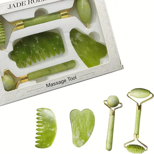 Valentine's Day Jade Roller & Comb & Gua Sha Board, 4pcs/set Face Massager Jade Roller and Gua Sha Set, Jade Roller for Face Neck Chin Forehead Massage, Facial Massage Tools, Skin Care Set for Men & Women, Handheld Manual Massager