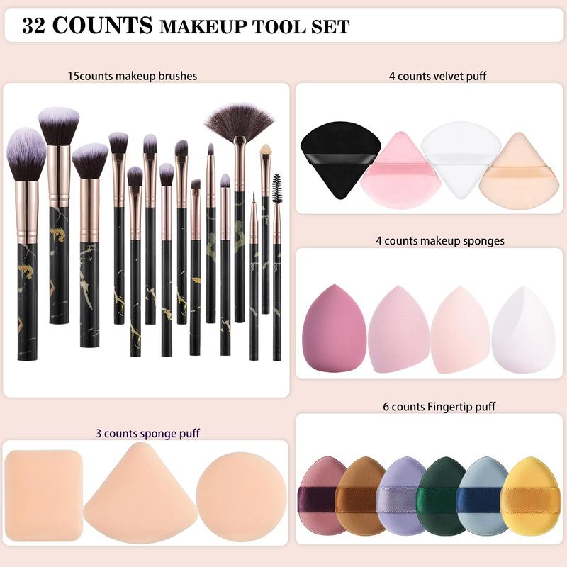 Comfort Makeup Brush and Sponge Set, 32pcs Makeup Brushes & Beauty Sponges & Cosmetic?Powder Puffs Set, Professional Beauty Enhancement Tools for Novices and Beginners, Summer Gift