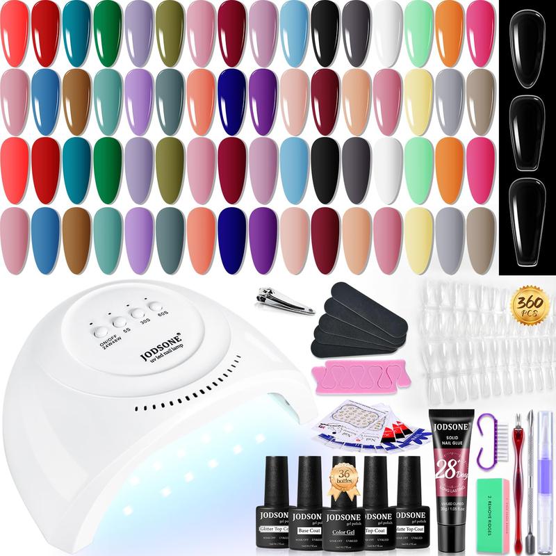 JODSONE 32 Color Gel Nail Polish Kit with U V Light with Base Coat Glossy Matte Glitter Top Coat 3 Kind of False Nail Tips with Glue