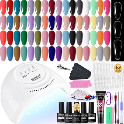 JODSONE 32 Color Gel Nail Polish Kit with U V Light with Base Coat Glossy Matte Glitter Top Coat 3 Kind of False Nail Tips with Glue