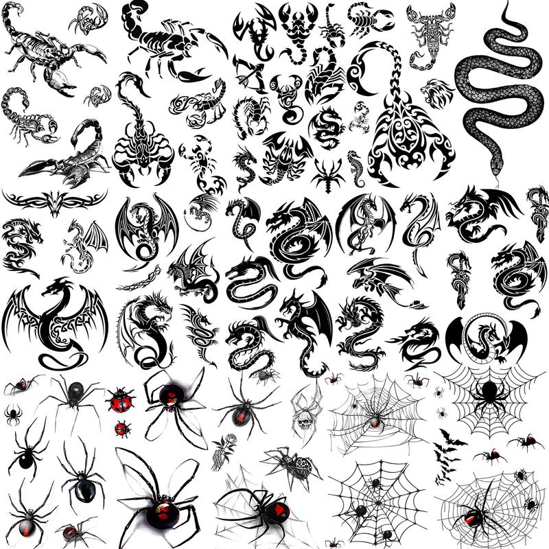 Spider Web & Snake & Scorpion & Dragon Pattern Temporary Tattoo Sticker, 15pcs/set Realistic Fake Tattoo Sticker for Party, Long Lasting 3D Fake Tattoo Sticker