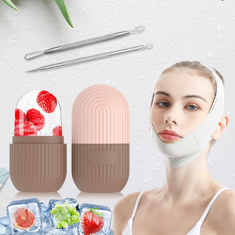 Facial Skin Care Kit, Including 1 Count Face Shaping Mask, 1 Count Ice Roller, 2 Counts Stainless Steel Blackhead Needle, Professional Day and Night Skincare Tools for Women