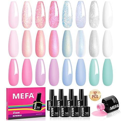 MEFA Pearl Gel Nail Polish Set, 12 Colors Shimmer Shades Mermaid Soft Pink Light Blue Purple Summer Glitter Swirl Sell Thread Gel Nail Polish Kit Nail Art Manicure DIY Salon Home Women Gifts