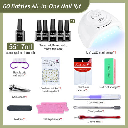 JODSONE 60 PCS Gel Nail Polish Kit with U V Light 55 Colors No Wipe Beautiful Colors Nail Gel Polish Base Top Coat Manicure Gifts for Salon and at Home for Mother's day gifts