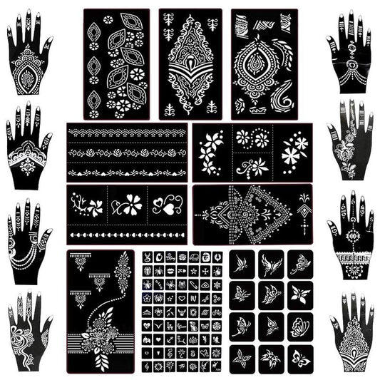 18 Sheets Henna Tattoo Stencil Kit, 97 PCS Temporary Glitter Airbrush Flower Tattoo Stencils for Women and Girls Arabian Realistic Tattoo Stickers for Face Paint Body Art Durable