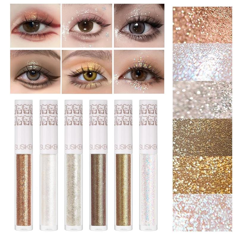 6Pcs Liquid Glitter Eyeshadow & Eyeliner Set - Korean Makeup Bling for Under Eye, Shimmer Eye Make Up Valentine's Day Gift, Long Lasting Quick Drying Pigmented Glitter Glue for Crystal Looks