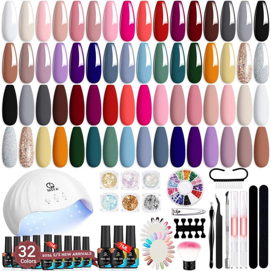 [Crazy Deal]MEFA Gel Nail Polish Kit with U V Light 54 Pcs, 32 Colors Classic Popular Gel Nail Kit Soak Off Nail Polish Gel Set with Base Matte/Glossy Top Coat Nail Art Decorations Manicure Tools DIY Salon Gifts