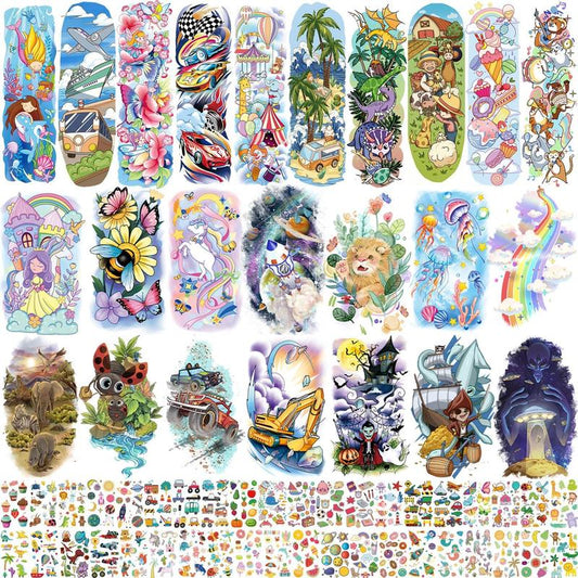 66 Sheets Full & Half Arm Temporary Tattoos Sleeves for Kids, Mixed Size Fake Tattoo Stickers with Dinosaur/Cars/Mermaid, Hawaiian Party Faovrs Supplies