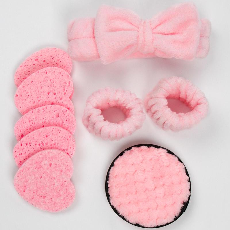 Facial Cleansing Tool Set, Including 1 Facial Cleansing Sponge, 5 Reusable Makeup Puff, 1 Bow Headband & 2 Makeup Wristband, Suitable for Women and Girls