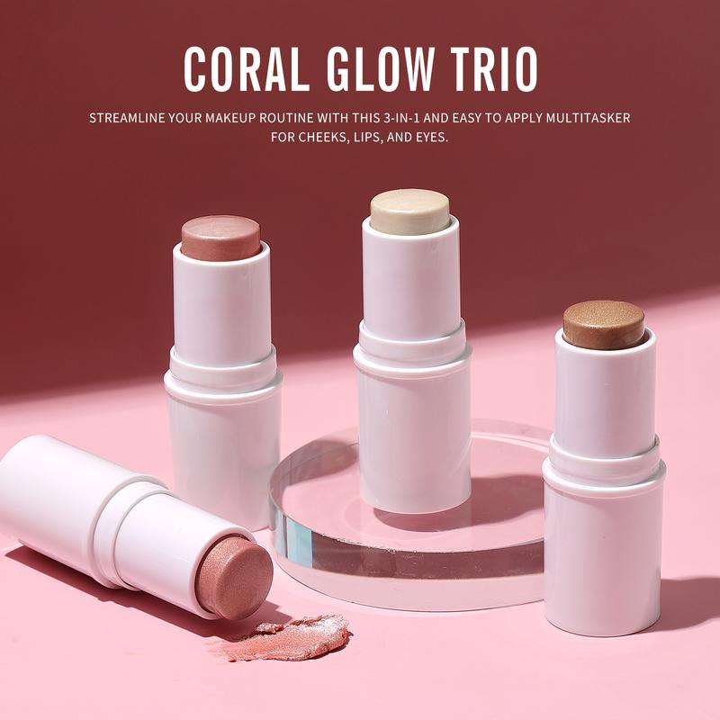 bayfree Cream Blush Stick & Contour Stick Trio-CORAL GLOW