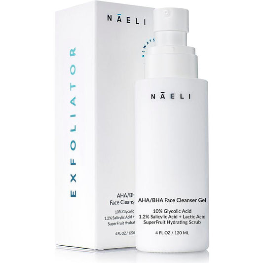 NAELI AHA / BHA Exfoliating Face Wash - 10% Glycolic Acid & Salicylic Acid Cleanser, Anti Aging Acne & Wrinkle Reducing Facial Exfoliant, Pore Minimizer & Brightening Scrub - Vegan & Cruelty Free, 4 oz