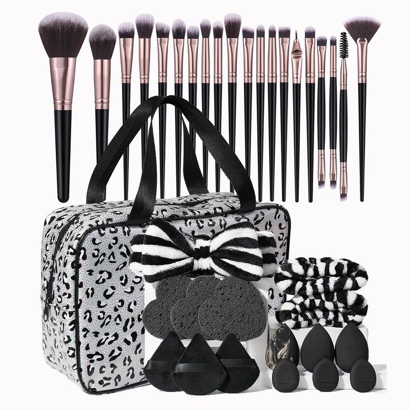 Makeup Tool Set, 36pcs/set Including 1 Zipper Toiletry Bag, 20 Makeup Brushes, 6 Makeup Puffs, 3 Makeup Sponges, 3 Facial Cleansing Puffs, 1 Hairband & 2 Wristbands, Cosmetic Tool Set for Beginners