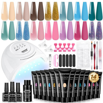 JEWHITENY 14 Colors Poly Gel Nail Kit Nude pink Blue yellow Glitter All In One Polygel Nail Kit Starter Kit Polygel Nail Kit With U V Lamp Base Top Coat Gift for Women