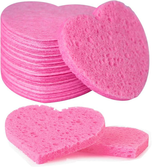 50-Count Facial Sponges with Container Compressed Natural Cellulose Sponge Heart Shape Face Sponge for Face Cleansing Exfoliating and Makeup Removal