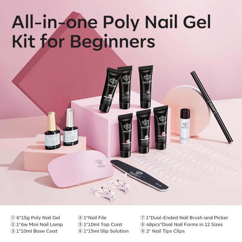 Modelones 13Pcs Poly Nail Extension Gel Kit, 6 Colors 15g Builder Extension Gel with Mini Nail Lamp brush Slip Solution Rhinestone Nail Manicure All-in-One Kit French Nail Beginner Kit birthday Gift nail care home DIY gel-x 2024 new gelx