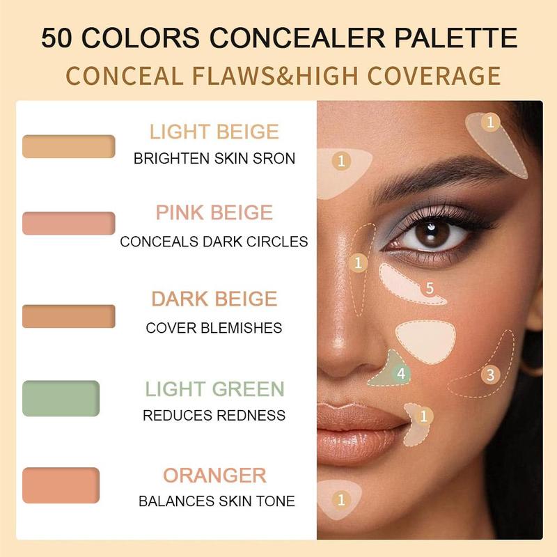 Concealer Palette, 1 Set 50-color Concealer Palette with 1 Count Beauty Blender and 1 Count Makeup Brush, Portable Multifunctional Makeup Palette, Cosmetics Palette