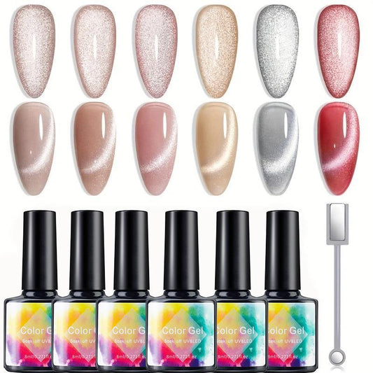 6-color Gel Nail Polish Set, 1 Set Long Lasting Glitter Cat Eye Nail Gel with 1 Magnet Tool Art DIY for Women & Girls, Nail Art & Nail Polishes