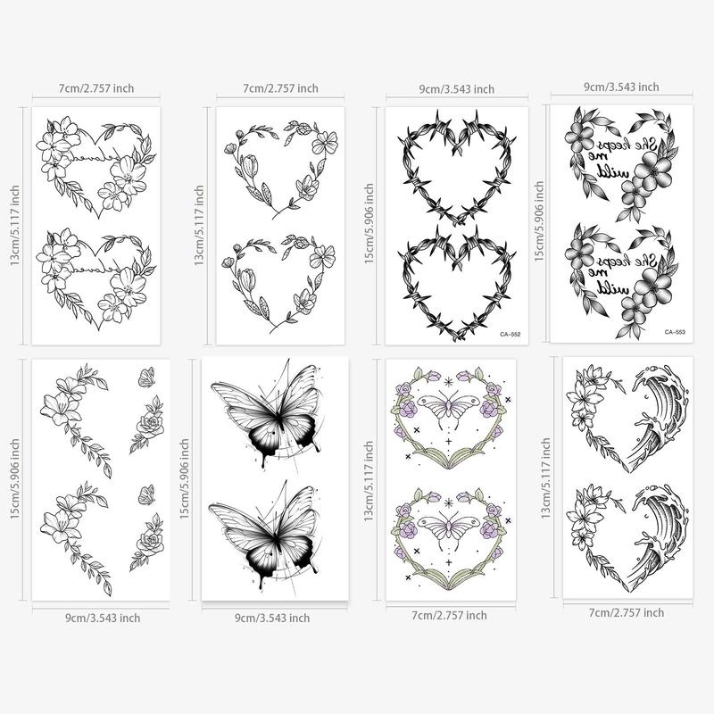 Heart & Wreath Design Waterproof Tattoo Stickers, 8pcs/set Mixed Patterns Temporary Tattoo Sticker for Women & Girls, Body Art Face Art Stickers