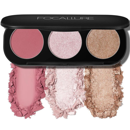 FOCALLURE Blush and Highlighter Palette,3 in 1 Makeup Powder, Cruelty-Free Matte, Shimmer Illuminator for a Glowing Look