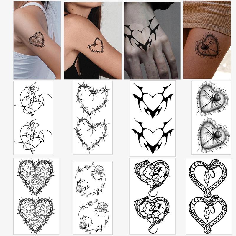 Heart & Wreath Design Waterproof Tattoo Stickers, 8pcs/set Mixed Patterns Temporary Tattoo Sticker for Women & Girls, Body Art Face Art Stickers