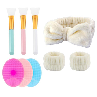 Face Cleaning Face Mask Tool Set, 9pcs/set Bow Headband & Wristbands, Mask Brushes & Silicone Facial Cleansing Brushes, Facial Skin Care Set