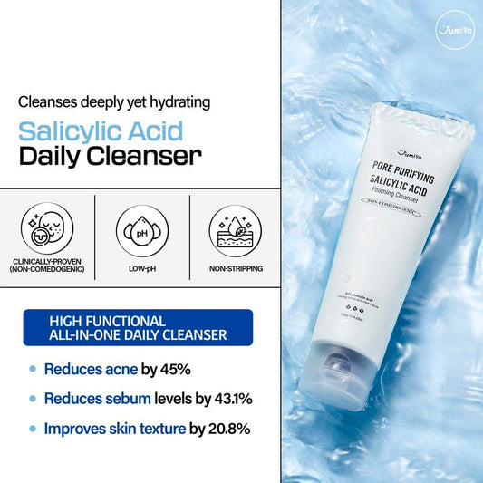 Jumiso Pore-Purifying Salicylic Acid Foaming Cleanser 120g, All In One Daily Cleasner, Non-Comedogenic Cleanser, Low-pH AHA BHA Cleanser, Mineral Cleanser, Retain Moisture Cleanser, CLeanser for All Skin Type, Korean Skincare Clay Cleansing