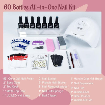 JODSONE Gel Nail Polish Kit 60 PCS with U V Light Base Top Coat 55 Shine Colors Bright and Dark Series Manicure Set for Mother's day gifts