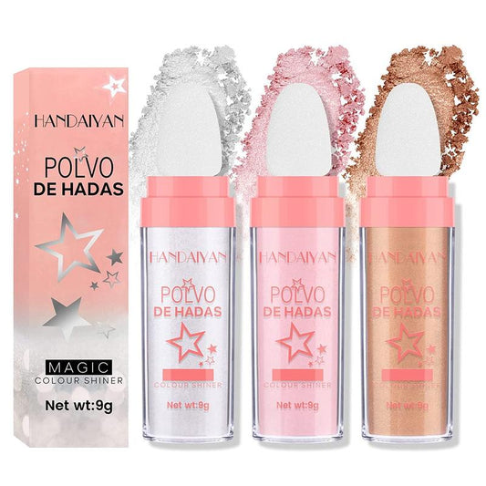 3 Color Polvo De Hadas Highlighter Makeup, Trio Shimmer Glitter Patting Highlight Puff, Glow Luminizer Sparkle Fairy Highlighters For Brighten Face and Body Makeup Kit Bronzer Golden