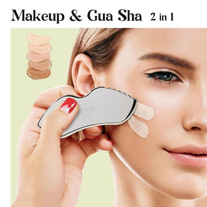 Stainless Steel Tool with Comb Teeth, Gua Sha and Makeup in 2 in 1, Face Neck and Around Lips Skincare Scraping Massage Tool, Foundation Makeup Spatula