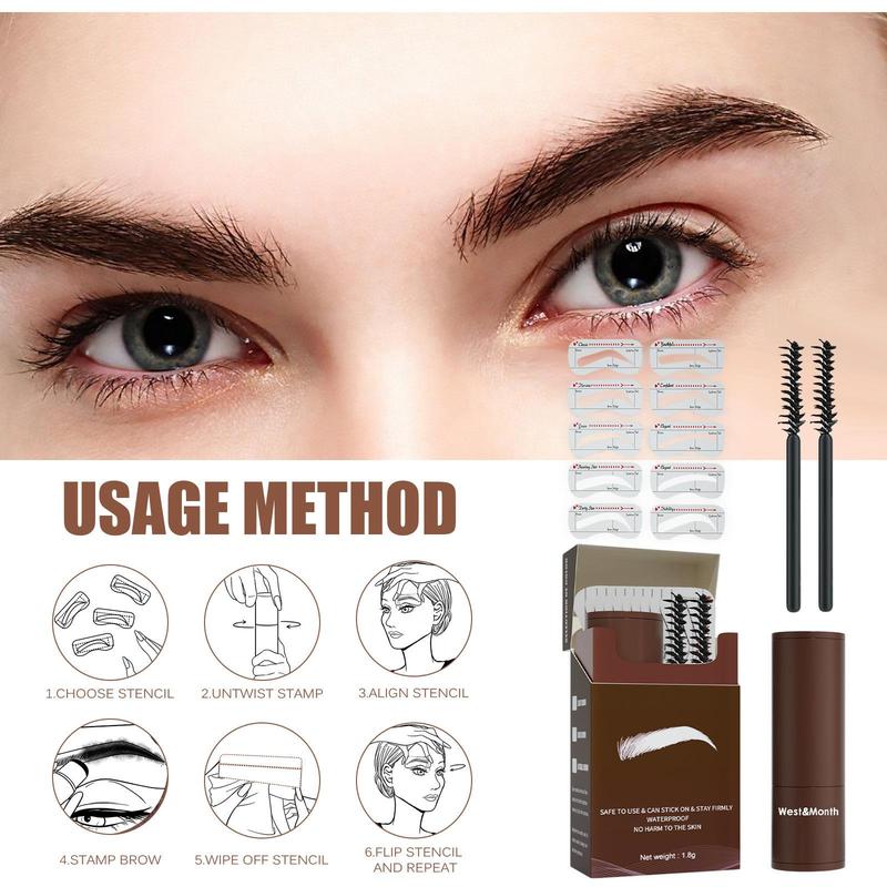 Waterproof Eyebrow Powder Set (1 Set), Including 10pcs Eyebrow Stamp & 2pcs Brush, Long Lasting Eyebrow Powder Stick, Eye Brow Makeup Tool for Women