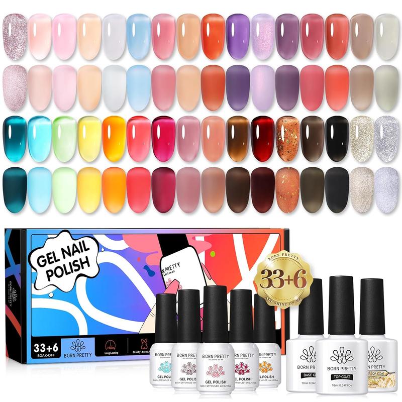 BORN PRETTY 39 Pcs Jelly Gel Polish Set Anna's Garden Series 33 Colors 6ml Jelly Nail Gel with 6 Bottles 10ml Base Top Coat Kit