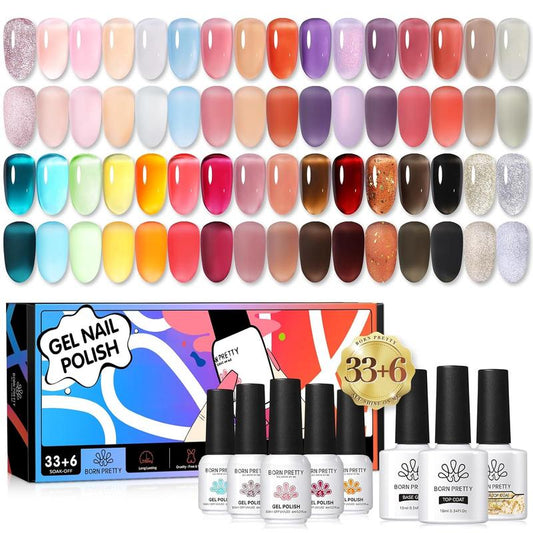 BORN PRETTY 39 Pcs Jelly Gel Polish Set Anna's Garden Series 33 Colors 6ml Jelly Nail Gel with 6 Bottles 10ml Base Top Coat Kit