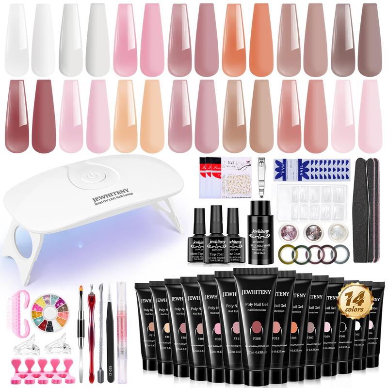 JEWHITENY Poly Extension Gel Nail Kit 14 PCS Poly Gel With Mini Nail Lamp Poly Nail Gel Kit with Slip Solution Basic Poly Gel Nail Art Tools Nail Art Design Beginner Kit for Mother's day gifts