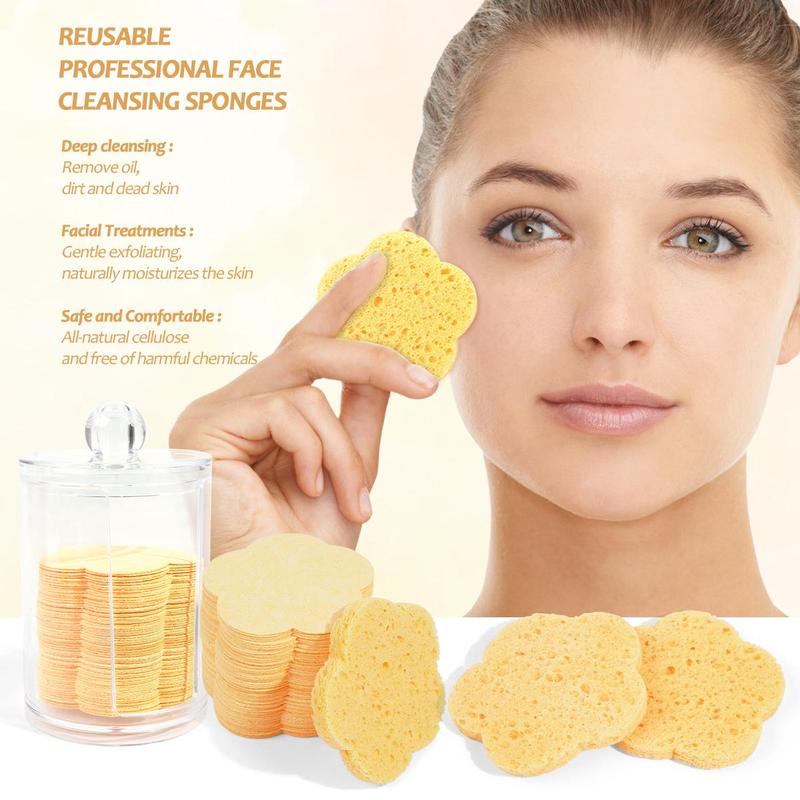 Flower Shaped Compressed Sponges, 60pcs/set Natural Cellulose Facial Cleaning Sponges with Organizer, Professional Sponges for Face Washing, Massaging, Pores Exfoliating & Makeup Removal