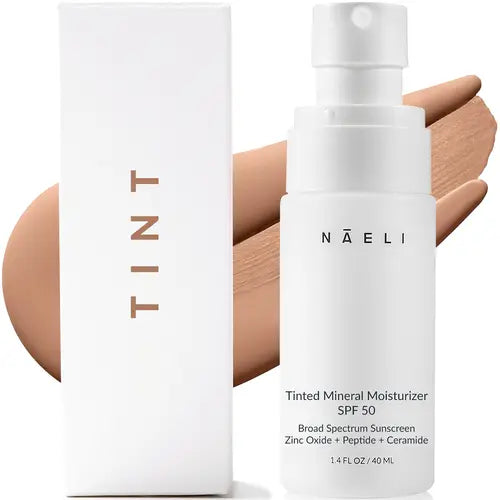 NAELI Anti Aging Tinted Moisturizer SPF 50, Mineral Sunscreen for Face with Zinc Oxide, Peptides & Ceramides, Natural Hydrating Universal Tint