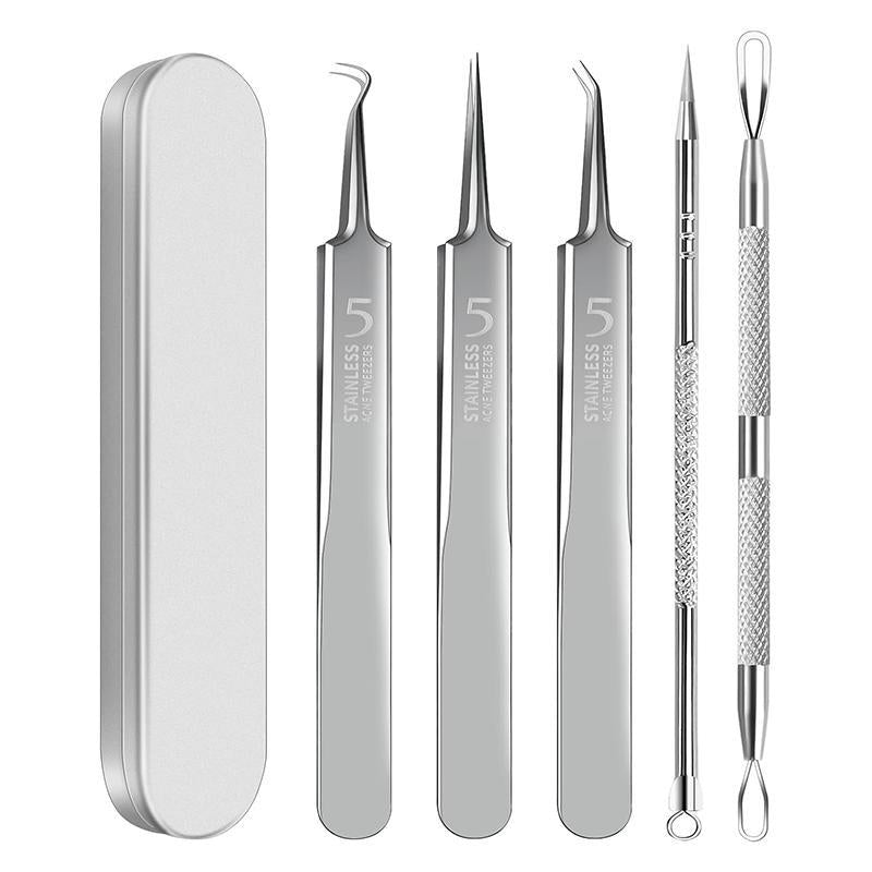 Blackhead Remover Tool, 5 Counts/set Stainless Steel Acne Blackhead Remover Tweezer Set with Storage Box, Suitable for Women and Men