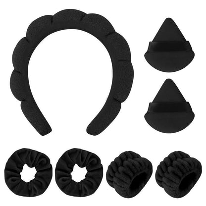 Solid Color Soft Makeup Powder Puff & Wristband & Headband Set, 7pcs Face Washing Hair Band Set, Fashion Hair Accessories for Women