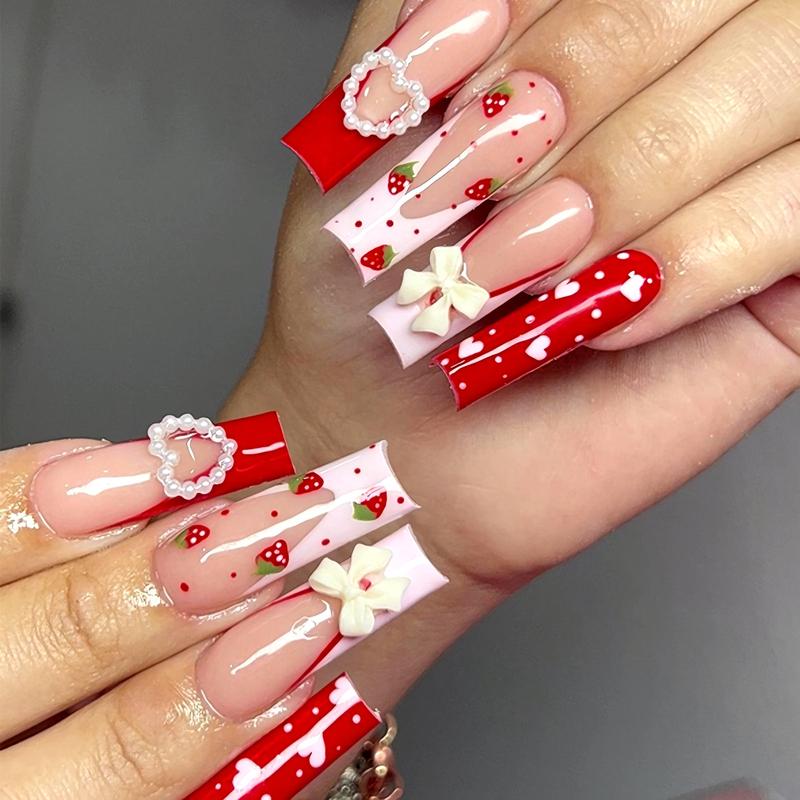 Party Makeup, 24pcs Stylish 3D Butterfly Rhinestone Press On Nails for Girls, Minimalist Full Cover Fake Nails£¬Bubble bath square round nail£¬Hello love press nails£¬Strawberry peach butterfly spring wear nail