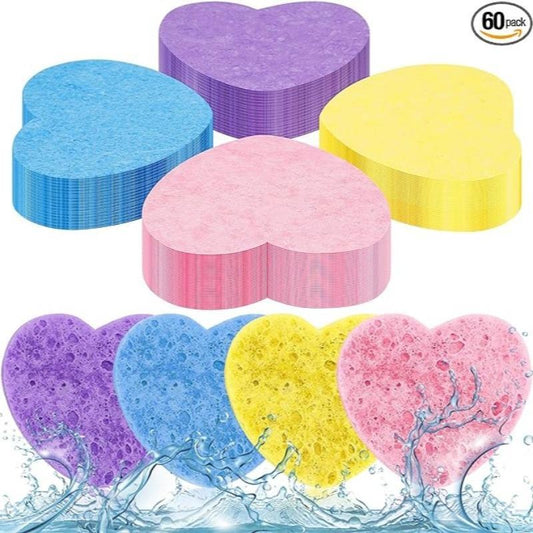 Heart Shaped Facial Cleansing Sponge, 60pcs/set?Compressed?Soft Face Wash Sponges, Face Scrubber, Facial Skin Care Tool for Women & Men