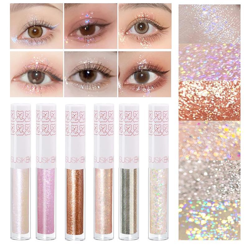 6Pcs Liquid Glitter Eyeshadow Eyeliner, Korean Makeup, Bling Under Eye Shadow, Shimmer Eye Make Up Valentine's Day Gift Set,Long Lasting,Quick Drying & Pigmented Loose Glitter Glue for Crystals Makeup