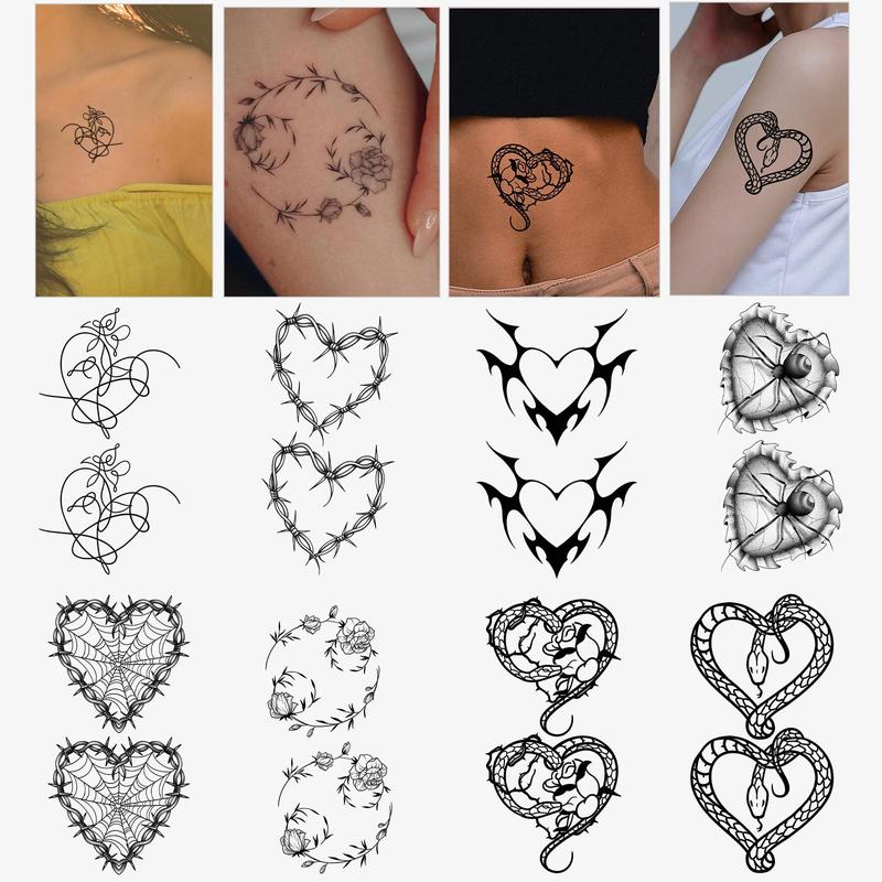 Heart & Wreath Design Waterproof Tattoo Stickers, 8pcs/set Mixed Patterns Temporary Tattoo Sticker for Women & Girls, Body Art Face Art Stickers