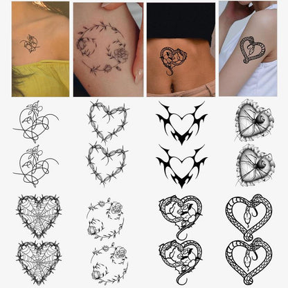 Heart & Wreath Design Waterproof Tattoo Stickers, 8pcs/set Mixed Patterns Temporary Tattoo Sticker for Women & Girls, Body Art Face Art Stickers