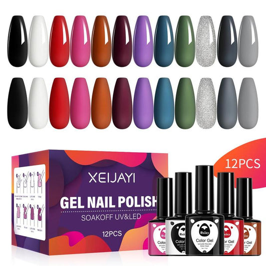 Gel Nail Polish Set, 12pcs Multicolor Nail Supplies Matte And Glitter Soak Off UV/LED Color Gel, Glossy Finish DIY Nail Art for Women & Girls, Birthday Gifts, Summer Nail Art Accessories, Nail Kit Acrylic Set